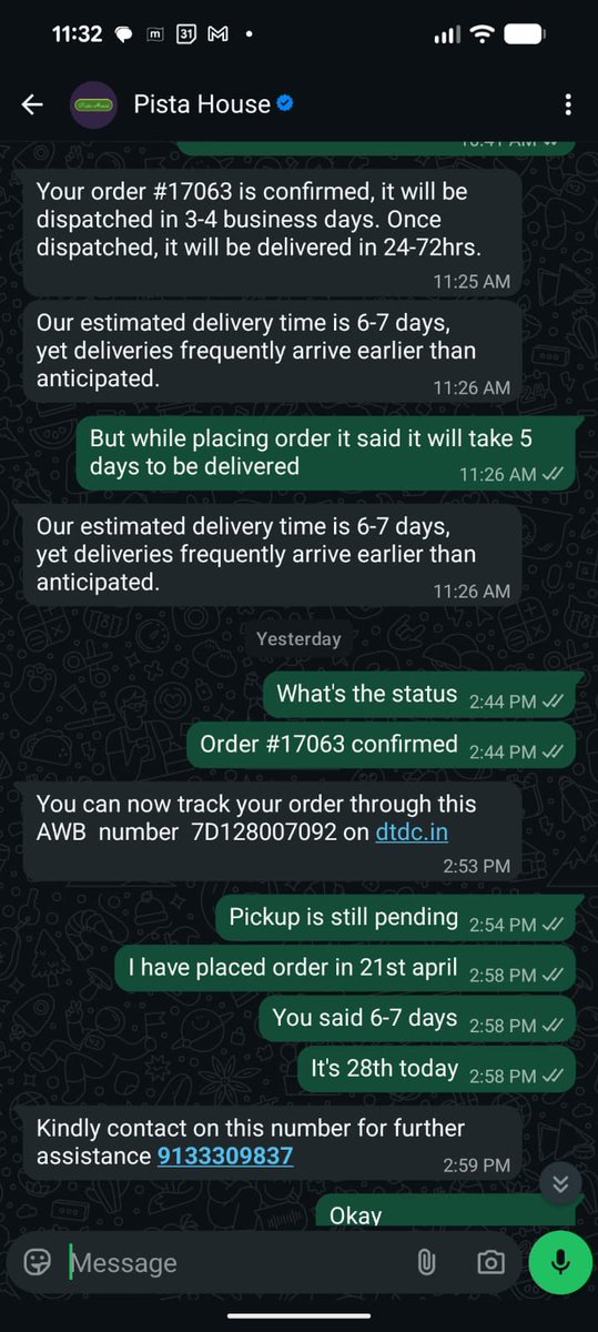 ARungta11's tweet photo. Ordered from Pista House on 21st April. Delivery promised in 5 days, later support said max 6–7 days. DTDC tracking shared on 25th still shows “Pickup Scheduled” till today. Shipment hasn’t even been picked up, yet excuses are being given about address. Very disappointing service https://t.co/Qeq9fMracg