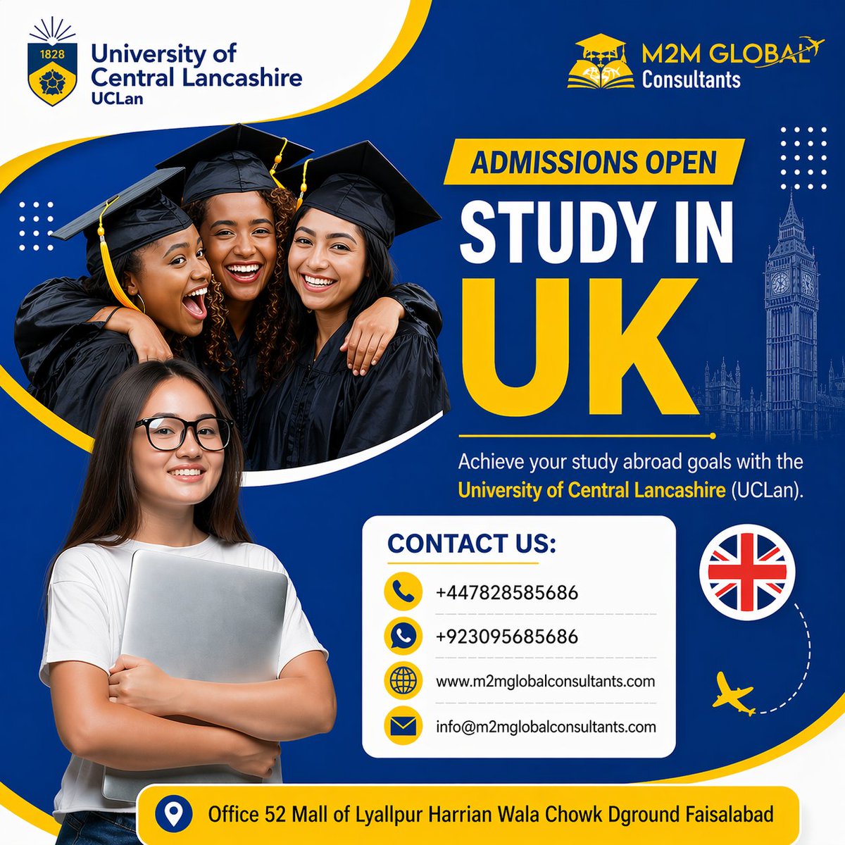 M2MGConsultants's tweet photo. The UK is calling! 🇬🇧📷 Secure your future with world-class degrees and a 2-year Post-Study Work Visa. The September 2026 Intake is the best time to apply!  #StudyInUK #SeptemberIntake #M2MGlobal #Faisalabad #UKVisa #StudyAbroad #VisaSuccess2026 #GlobalEducation https://t.co/eW1GhMjAni