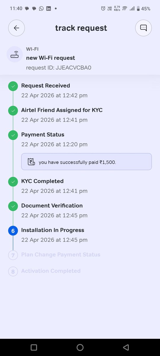 arulbenjamin's tweet photo. @airtelindia @Airtel_Presence Paid ₹1500 for Airtel Fiber on Apr 22. 7 days — no installation, zero update. Your agent promised connection in a day, took the money, and is now unreachable. Customer care IVR is useless. Requesting immediate cancellation &amp; refund. #AirtelFail https://t.co/SH3E0l4Kc9
