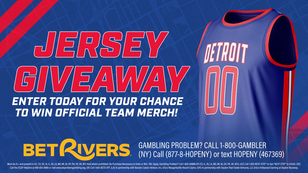 🚨 JERSEY GIVEAWAY 🚨

Game 5 is here and we are celebrating by giving away an autographed <a href="/DetroitPistons/">Detroit Pistons</a> jersey!

To enter: 

1⃣ Follow <a href="/BetRivers/">BetRivers Sportsbook</a>
2⃣ Repost this post &amp; tag a friend

Winner will be selected at the end of the week 🏀

Rules ➡️ linktr.ee/BetRivers.com