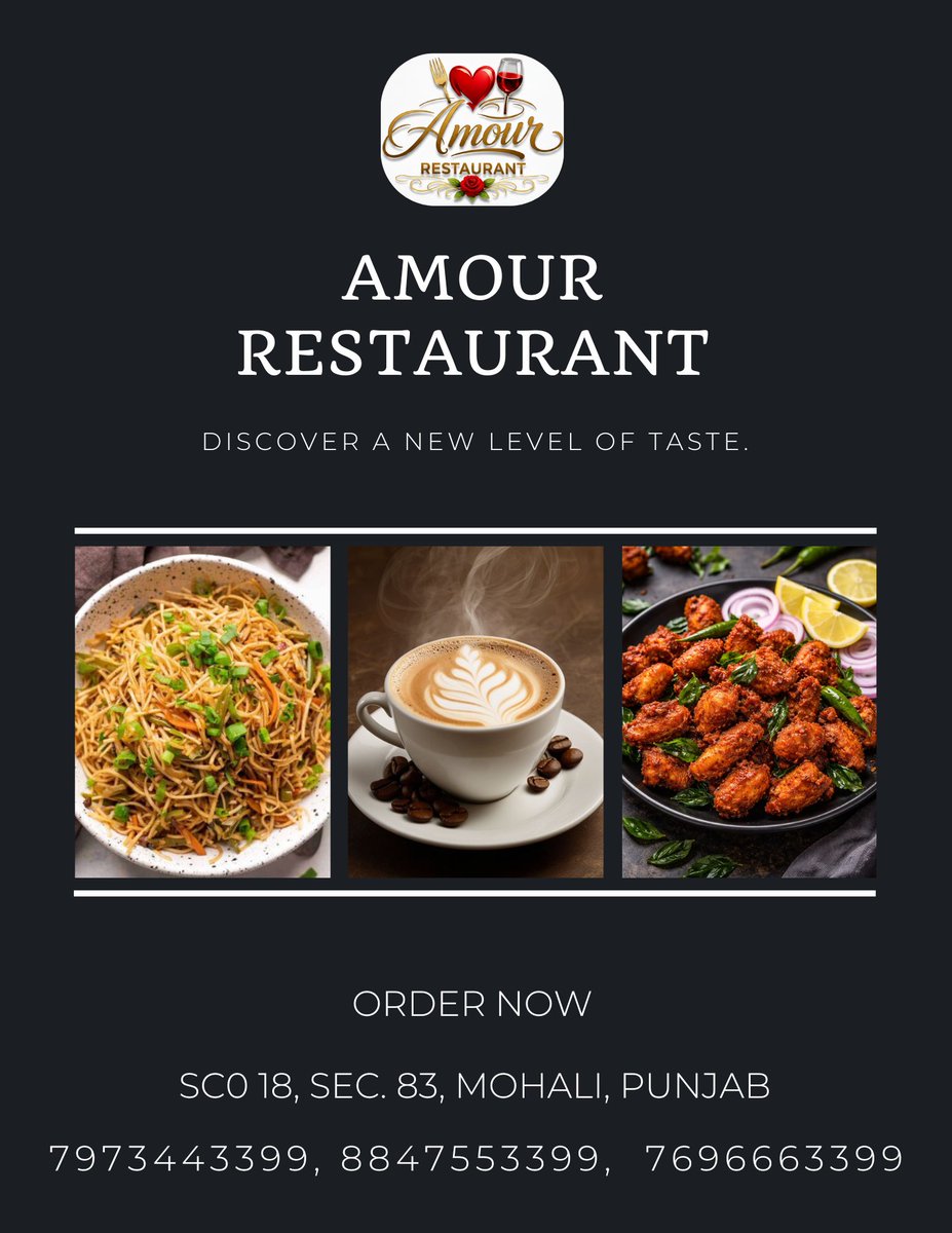 AmourRestaurant's tweet image. Looking for the perfect dining spot?
We’ve got you covered 🍽️❤️
📍 SCO 18, Sec. 83, Mohali
📞 +91 7973 44 3399, 8847 55 3399, 7696 66 3399
#FineDining #Mohali