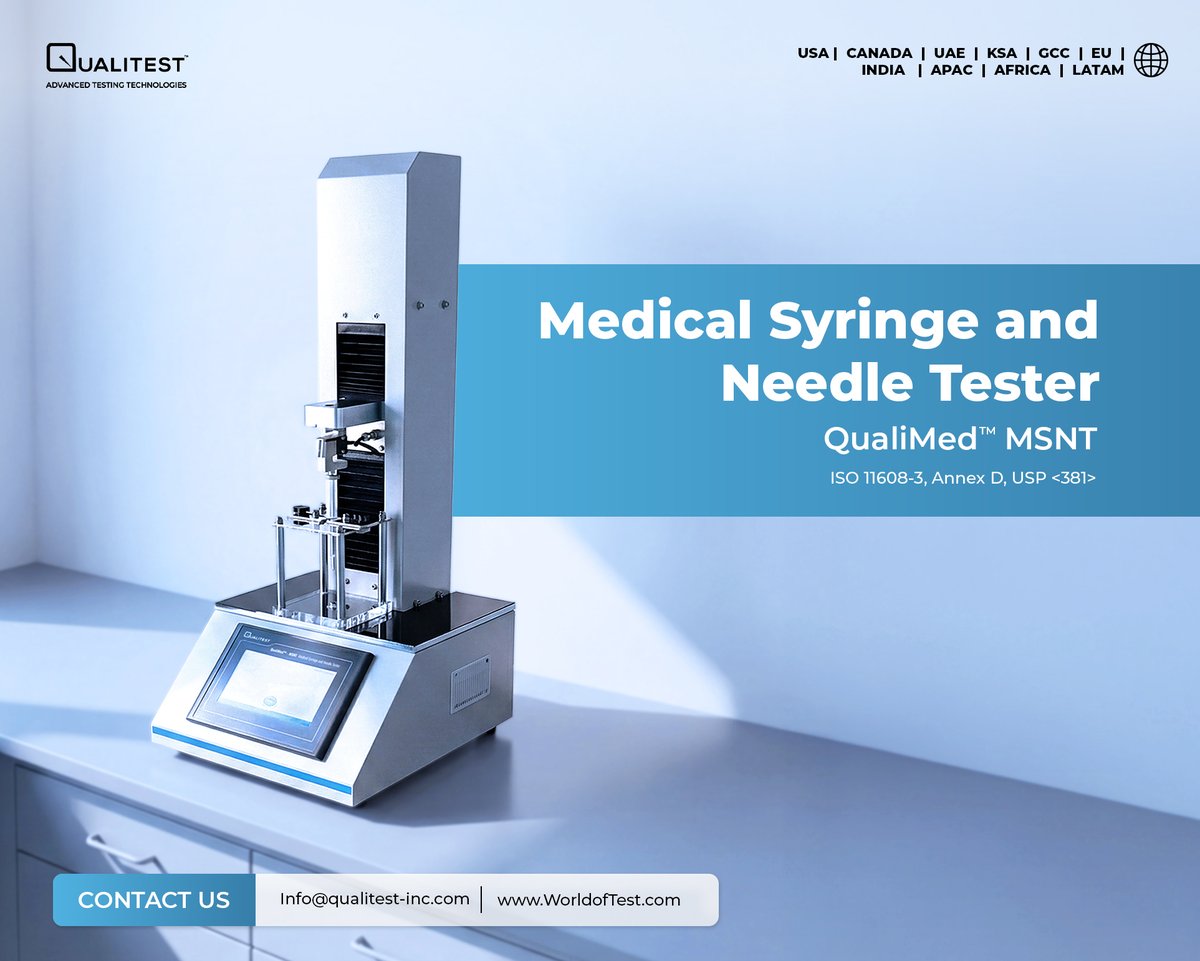 Qualitestinc's tweet image. Qualitest Medical Syringe &amp;amp; Needle Tester – QualiMed™ MSNT

Accurate syringe &amp;amp; needle testing for break-loose, glide force &amp;amp; leakage. Ensures compliance, safety &amp;amp; performance.

🔗worldoftest.com/medical-syring…

#MedicalTesting #SyringeTesting #QualityControl #PharmaTesting #Qualitest