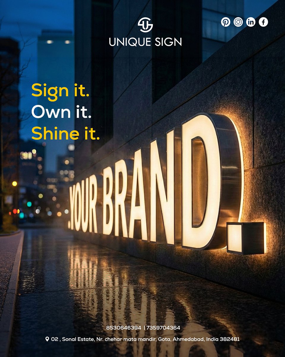 UniqueSign2014's tweet image. Sign it. Own it. Shine it. 💡
3D illuminated LED signage - brand visibility 24/7.
By Unique Sign Board, best 3D LED signage maker Ahmedabad.
📍 Gota 📞 85306 46394 | 73597 04364
#SignboardAhmedabad #3DSignage #LEDSignage