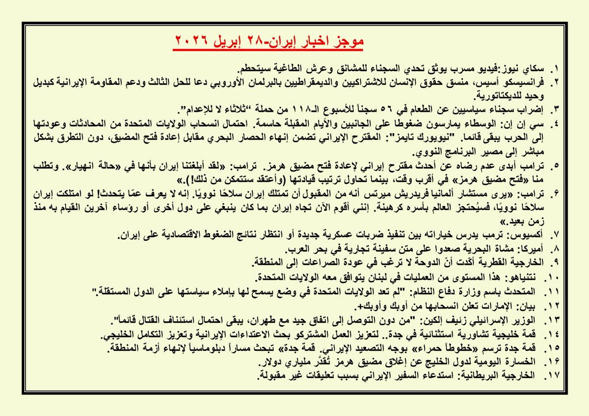 saeersabil's tweet image. 🔴 موجز اخبار إیران – 28 أبريل2026: 👇👇
#saeersabil #IRGCterrorists #IranWar #iran @althunyan_fahad @hameedaghaffar @Hanan3Abdulatif @haithambinny @75suhair @SSumie56 @N0_hizbollah @MSAlmalik @AFPar @rosemag_3 @aalrashed @Badermasaker @AdelAljubeir @WW88889 @aalrashed