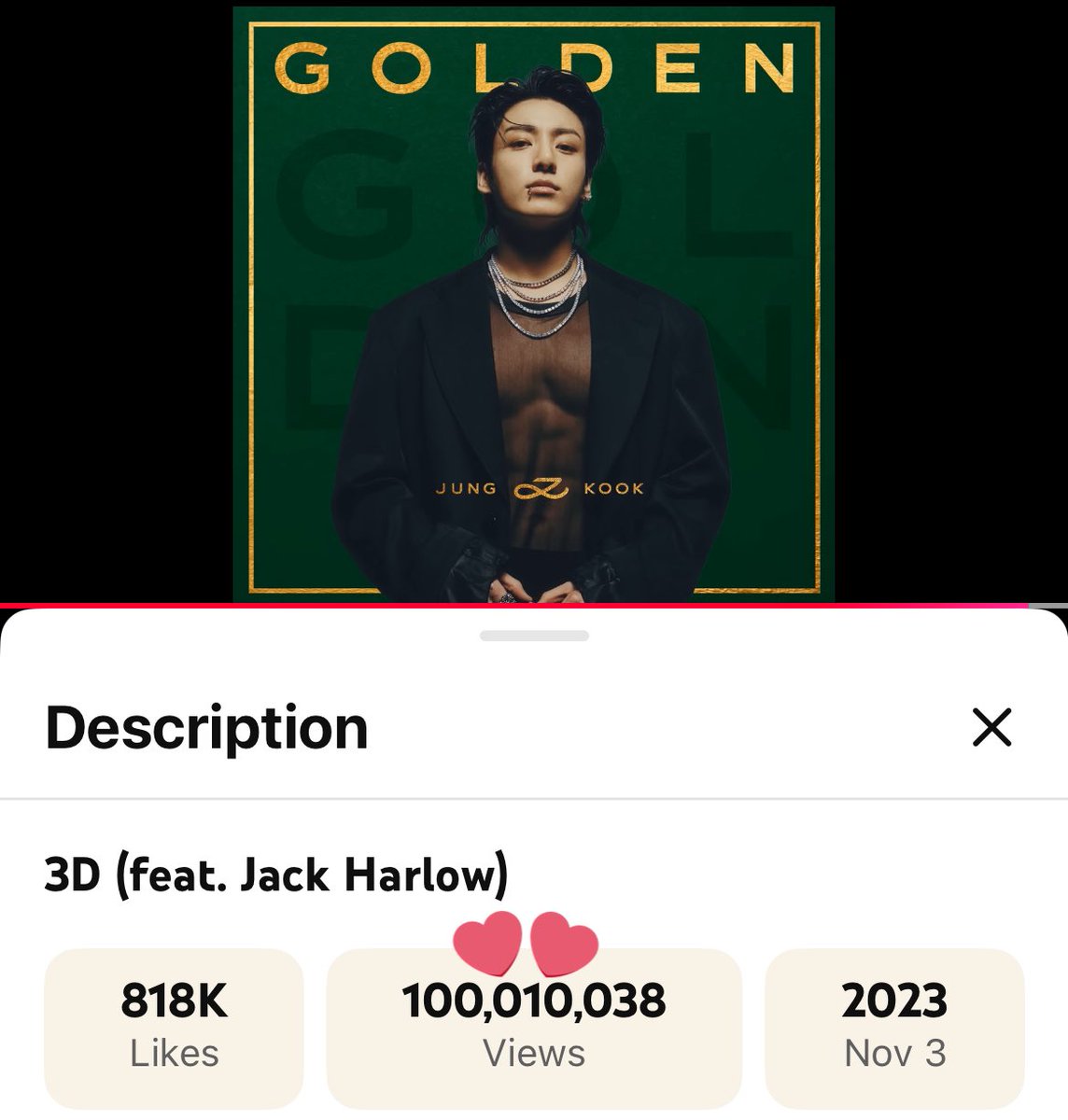 JungKook_Scener's tweet image. Jungkook’s “3D (feat. Jack Harlow)” official audio has now surpassed 100 million views on YouTube —his 8th audio to reach the mark 🔥

youtu.be/B1kJ9RnHZ9o?si…

CONGRATULATIONS JUNGKOOK
#JUNGKOOK #3D