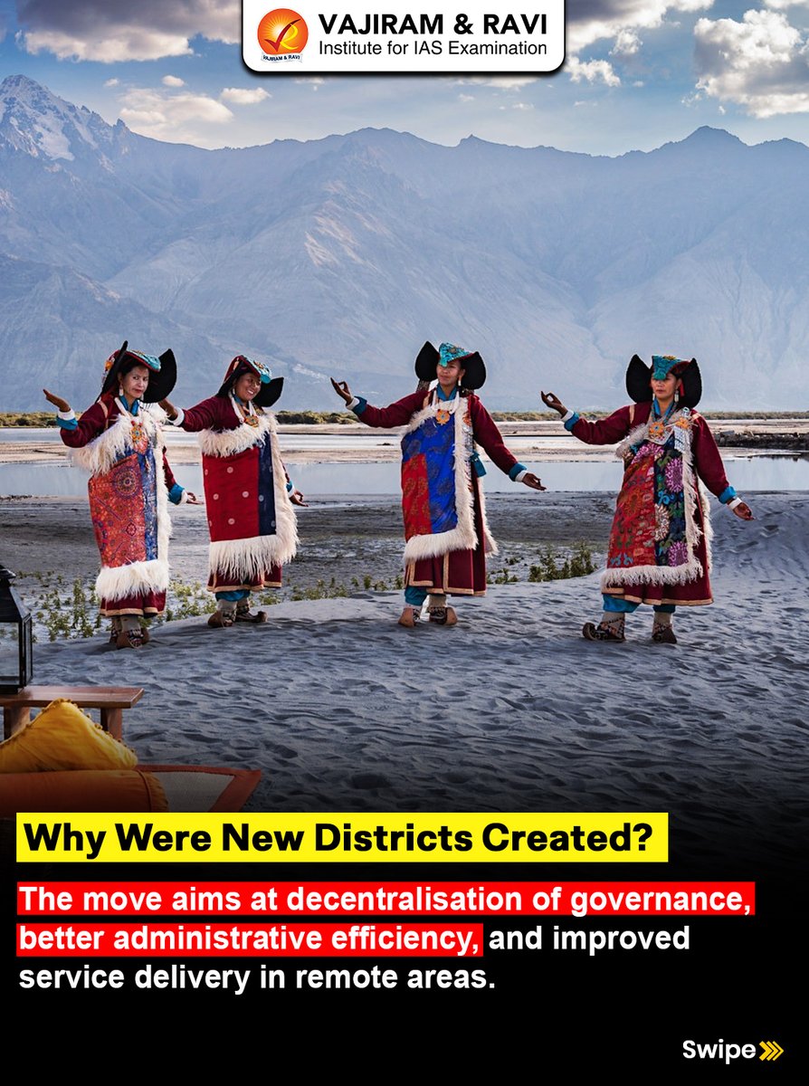 VajiramRavi's tweet image. 🏔️ Ladakh gets 5 new districts! Big governance shift 😳
Nubra, Sham, Changthang, Zanskar &amp;amp; Drass — taking the total to 7 districts in Ladakh.

#Ladakh #NewDistricts #Governance #Decentralisation #IndiaGeography #UPSC2026 #UPSCPreparation #IASPreparation #CurrentAffairs #Polity
