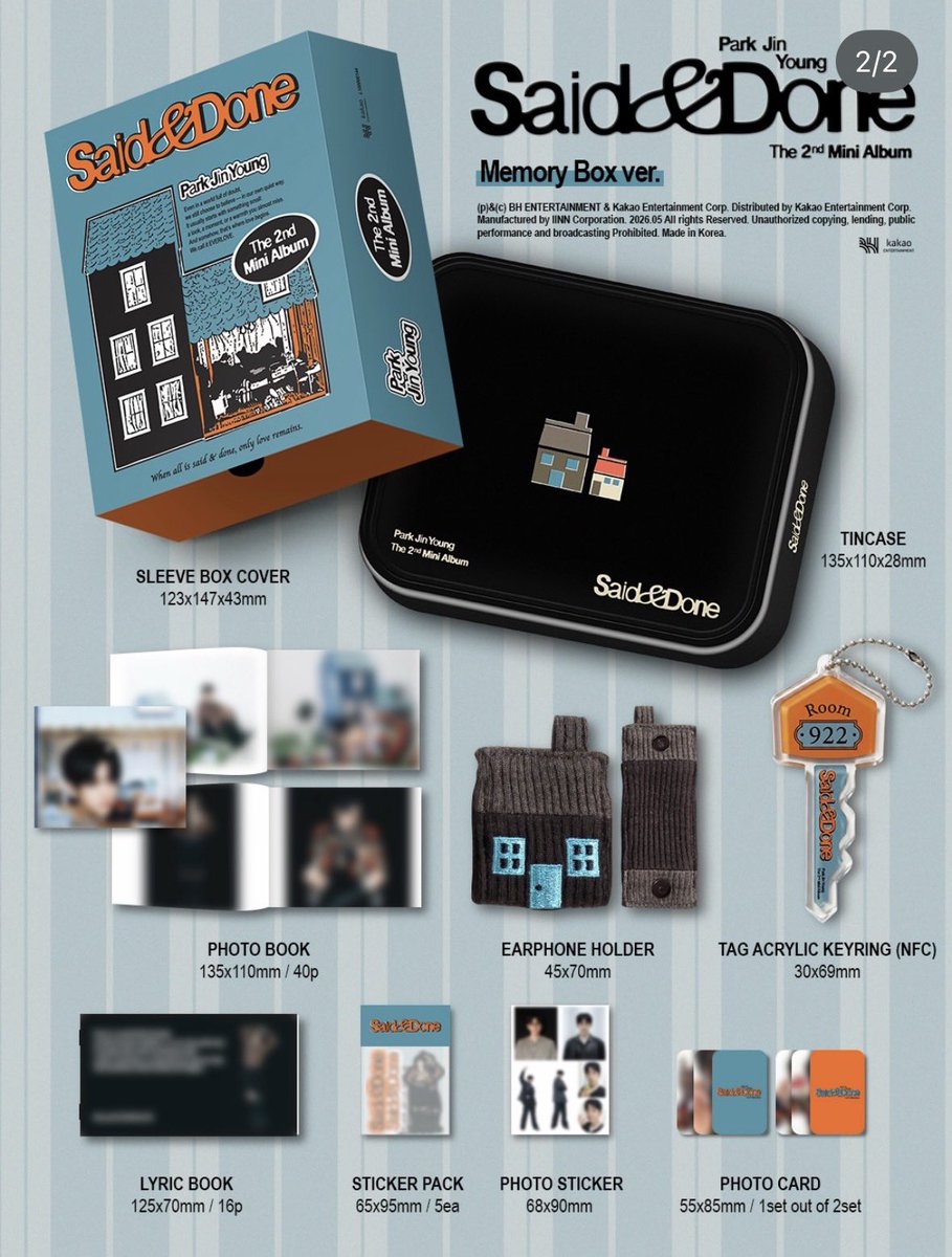 s_baiitong's tweet image. PARK JINYOUNG The 2nd Mini Album [Said &amp;amp; Done] #JINYOUNG @JINYOUNG
🧡 Archive ver.
- Photo book 
- Lyric book 
- Mini book 
- Photo card
- Sticker 2 Ver.
- CD

🖤 Memory Box ver.
- กล่องเหล็ก+Cover
- Photo book
- Lyric book 
- ที่เก็บหูฟัง
- พวงกุญแจ
- Sticker
- Photo card