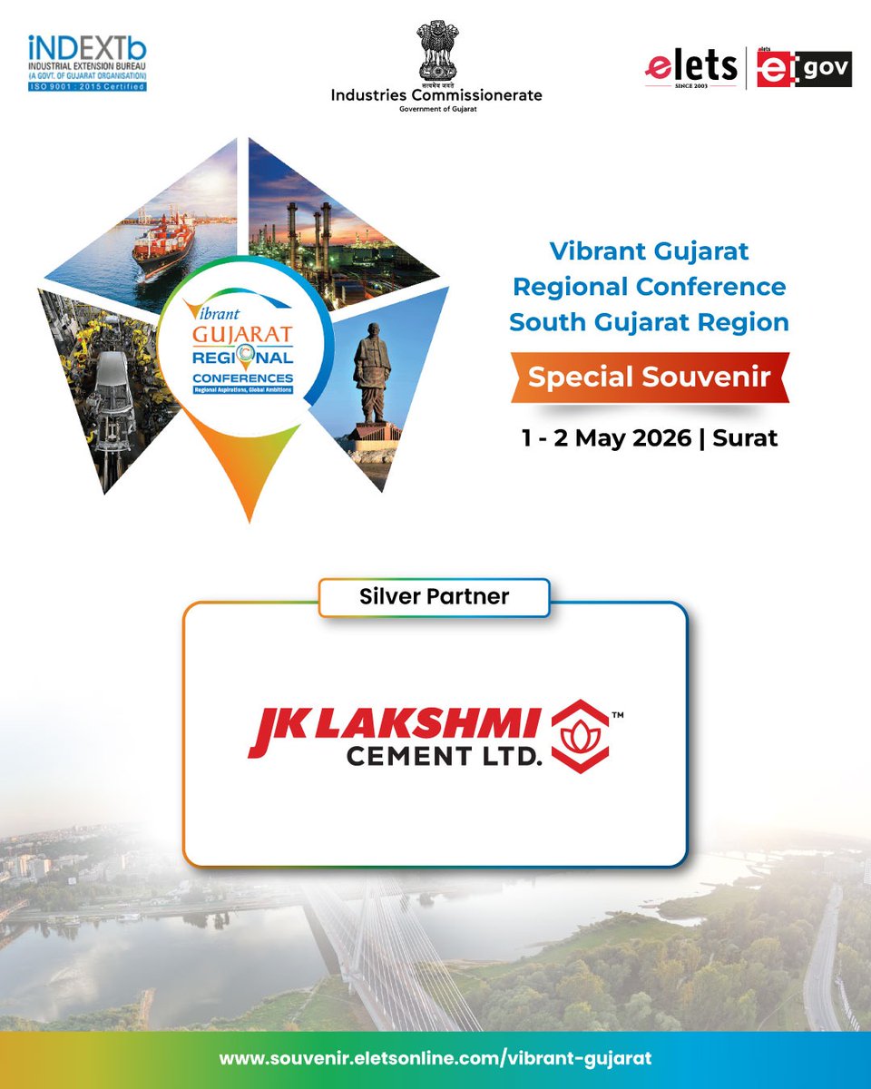 egovonline's tweet image. We are pleased to announce JK Lakshmi Cement Ltd. as the Silver Partner for the Vibrant Gujarat Regional Conference (VGRC) – South Gujarat Region, scheduled on 1-2 May 2026.

𝐁𝐞 𝐩𝐚𝐫𝐭 𝐨𝐟 𝐭𝐡𝐢𝐬 𝐣𝐨𝐮𝐫𝐧𝐞𝐲: lnkd.in/du8KWTyB

#VibrantGujarat #ACME #Elets