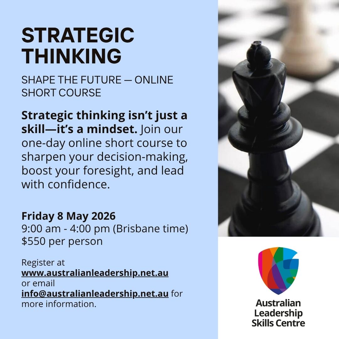 Aust_LSC's tweet image. Level up your leadership next week. Leadership (Thurs 7th) &amp;amp; Strategic Thinking (Fri 8th) One‑day online courses designed for real‑world impact. Register now - australianleadership.net.au 
#strategicthinking #leadership #leadershipskills #onlinetraining #onlinecourses