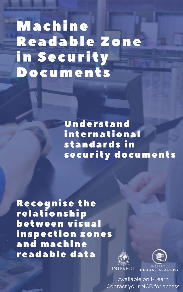 INTERPOL_CBT's tweet image. 🛡️ The MRZ is where security documents speak to border systems.
 ✅Identify MRZ in passports, visas &amp;amp; ID Cards
 ✅Understand MRZ characteristics &amp;amp; formatting
 ✅Link visual zones to machine-readable data

Access via I-Learn. Contact your NCB.
#INTERPOL #INTERPOLTraining