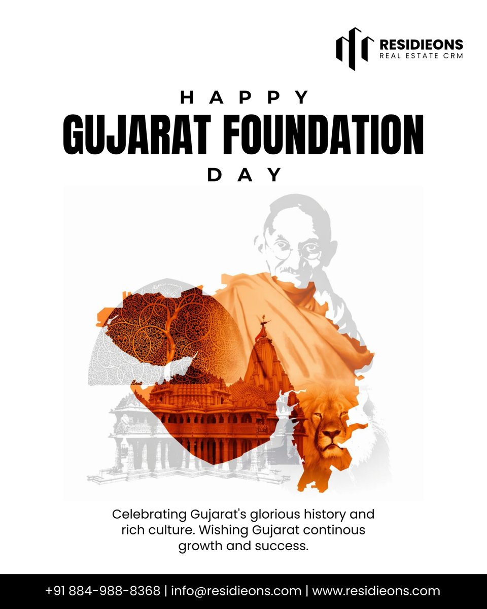 residieons's tweet image. 🧡 Happy Gujarat Foundation Day — 1st May 2026!

Land of Gandhi, Somnath &amp;amp; the Asiatic Lion 🦁🛕
66 years of pride, culture &amp;amp; unstoppable growth! 🙏

— Team Residieons Real Estate CRM
📞 884-988-8368 | residieons.com
#GujaratFoundationDay #HappyGujaratDay2026 #post