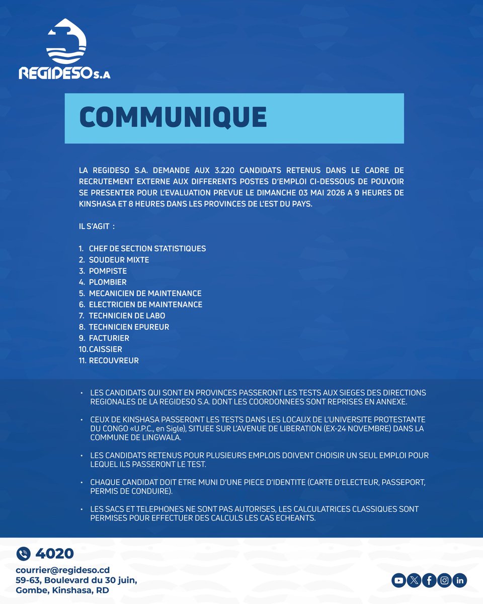 RodrigueKisula's tweet photo. #RDC : RECRUTEMENT REGIDESO

Les candidats retenus pour les postes suivants : Chef de section statistiques, Soudeur, Pompiste, Plombier, Mécanicien, Électricien, Technicien de laboratoire, Technicien épureur, Facturier, Caissier et Recouvreur, sont convoqués pour la 2ᵉ étape. https://t.co/9T8SBQt6oK
