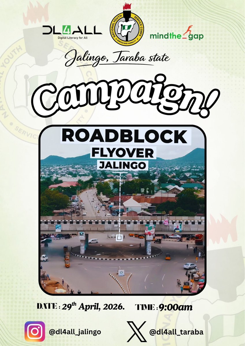 DL4ALL_Taraba's tweet photo. WE ARE OUTSIDE!🚀🔥
Jalingo, we’re pulling up LIVE at Roadblock Flyover!
Catch the DL4ALL team in action as we take digital awareness to the streets 💻📢

📍 Roadblock Flyover, Jalingo
📅 April 29th, 2026
⏰ 9:00AM

Don’t just hear about it — come join us, be part of the movement https://t.co/FlzG2XCIal