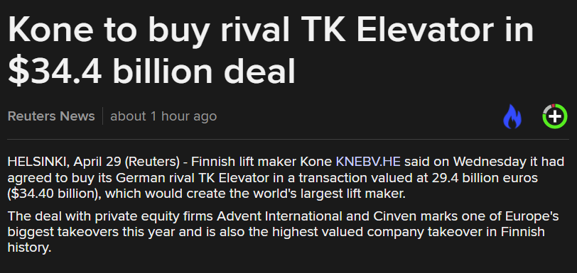 TSimonts's tweet photo. Owla, #Kone $KNEBV shopt #TKElevator voor $34,4mld. Springt op die manier voorbije #Otis en #Schindler naar het bovenste schavot in de liftenmarkt. Groots denken, faut le faire. https://t.co/Xyamg8C3ps