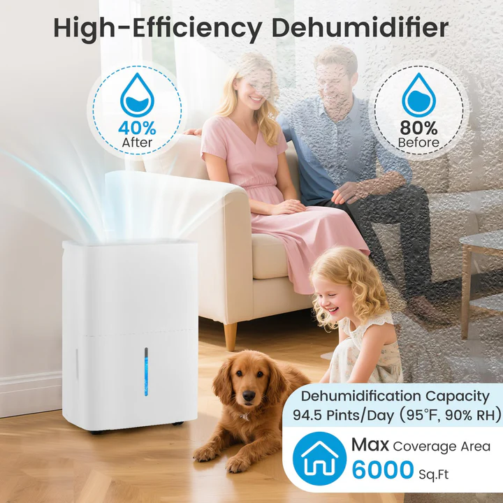 Goplusuper's tweet image. Tackle the toughest moisture! 💧 
This 94.5-pint dehumidifier covers up to 6000 sq. ft. — perfect for large basements, bathrooms, or whole-home comfort. 

#Dehumidifier #BasementSolution #HomeComfort