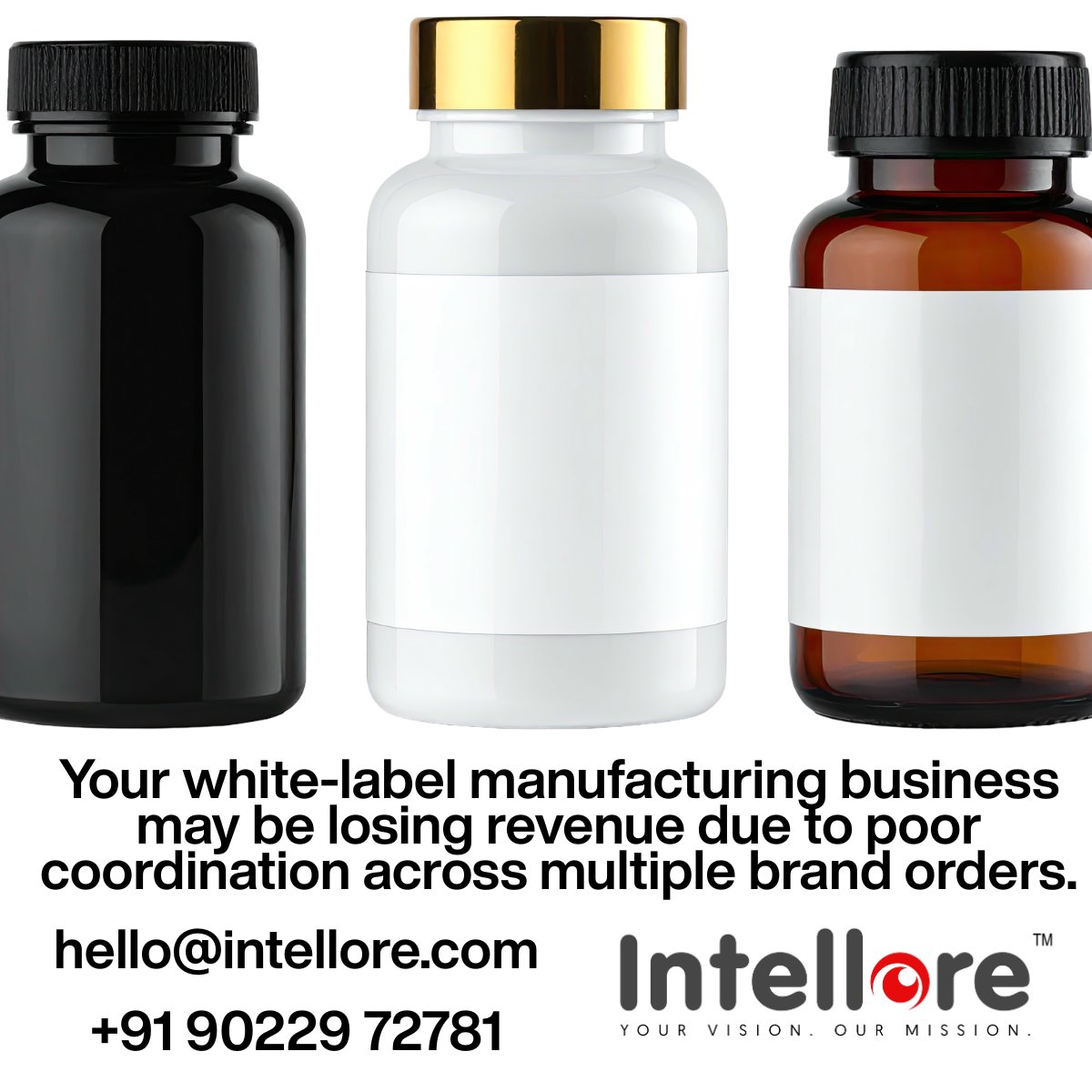 Multiple brands?
Same production line?
Things slipping?

That’s how white-label manufacturers lose money.

We fix these issues. &amp; some more..
Get in touch with us today! Send us an email: hello@intellore.com

#Manufacturing #Packaging #Operations #SupplyChain #IntelloreSystems