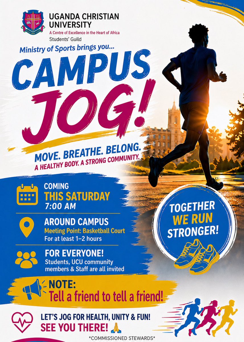 theucuguild's tweet image. Everyone is invited!
Join us this Saturday at 7AM for a healthy and fun CampusJog organized by the Ministry of Sports. Let’s build a healthier body and a stronger community together.
Bring a friend… or two 

#TogetherWeRun 
#CampusLife
 #StayActive