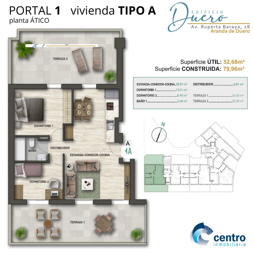 #Promoción EDIFICIO DUERO #Viviendas de nueva generación, máxima eficiencia energética; clasificación 'A' de 2 y 3 dormitorios, garaje y trastero. Portal 1 A ÁTICO. Estancia-Comedor-Cocina, 2 dormitorios y 2 terrazas. 52,68m2 útiles y 79,96m2 construidos. promocionesaranda.es