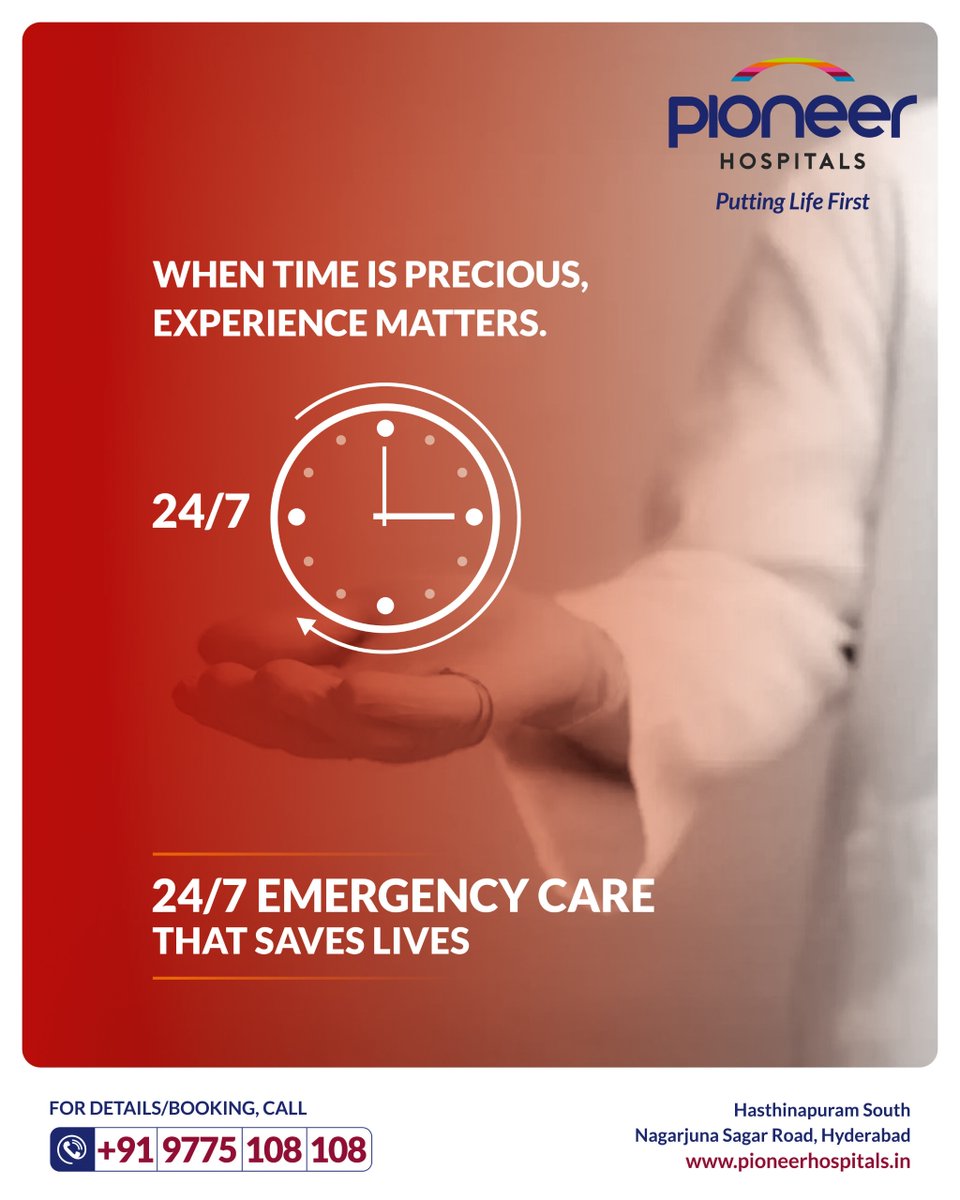 pioneer_health1's tweet image. At Pioneer Hospitals, our 24/7 emergency team is always ready to act fast and save lives. Because in critical moments, experience isn’t optional — it’s essential.

📞 Book your appointment now: +91 9775 108 108
📍 Hasthinapuram South, Hyderabad

#EmergencyCare #24x7Hospital