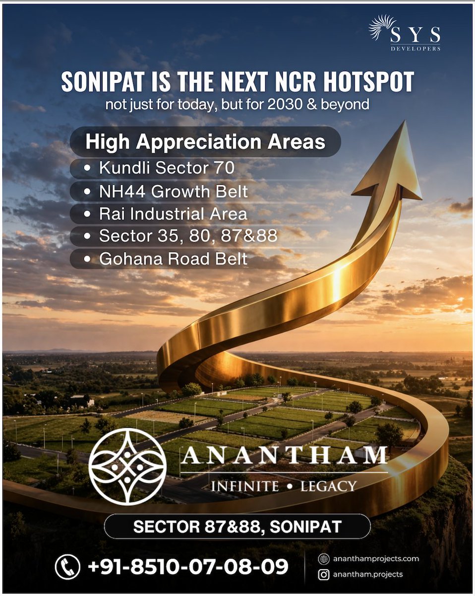 Anantham88's tweet image. Sonipat's  investment zones right now:
→ Kundli Sector 70 → NH44 Growth Belt → Sectors 35, 80, 87 &amp;amp; 88 → Rai Industrial Area → Gohana Road Belt
Not just for today. For 2030 and beyond.

Contact Us: 85100 70809
#SonipatPlots #NCRHotspot #LandInvestment #AnanthamProjects