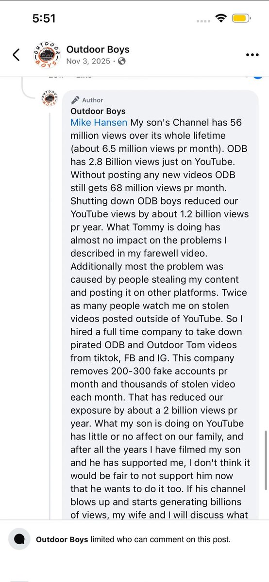AbLE_CF's tweet photo. So on Nov 3, 2025 Outdoor Boys mentioned that they had a problem with people stealing content and posting it on "OTHER PLATFORMS" and that twice as many people watch him on stolen videos "OUTSIDE OF YOUTUBE."

This does not suggest that there is a problem with react content whatsoever. In fact, he also filmed a reaction video to himself with another YouTuber on that person's channel. This doesn't meant he loves react content, but it would suggest that there isn't necessarily and immediate hate for react content.

So VERY likely not actually The Outdoor Boys doing this. Also, the way they're doing it is very strange, like 1-2 videos on channels that have 4-5 reactions at a time, but sometimes all at once... It's very sporadic and would suggest manual takedowns. If he "hired a full time company to take down pirated ODB" they would almost FOR SURE have an automated system claiming in huge bulk like literally every other company that does that type of work.

@TeamYouTube @YouTubeCreators Please make it harder to STRIKE people. I like the takedown request system that forces them to take action within 7 days. Maybe impliment that in a way that during that 7 days, the video gets hidden, privated and if no action is taken, a strike goes through. The current system is way too easily abused to get channels maliciously deleted.