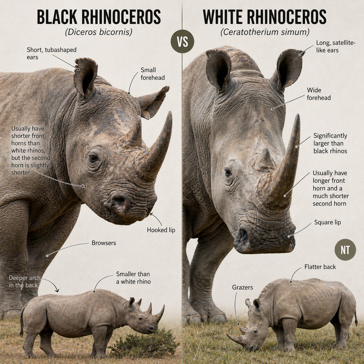 SueSpurgin's tweet image. Know your #African #rhinos
Two giants, Two very different lifestyles — one a browser with a hooked lip, the other a grazer with a wide square mouth. Knowing the difference helps us appreciate both… &amp;amp; why each deserves urgent protection.
#EndangeredSpecies 
#DontLetThemDisappear