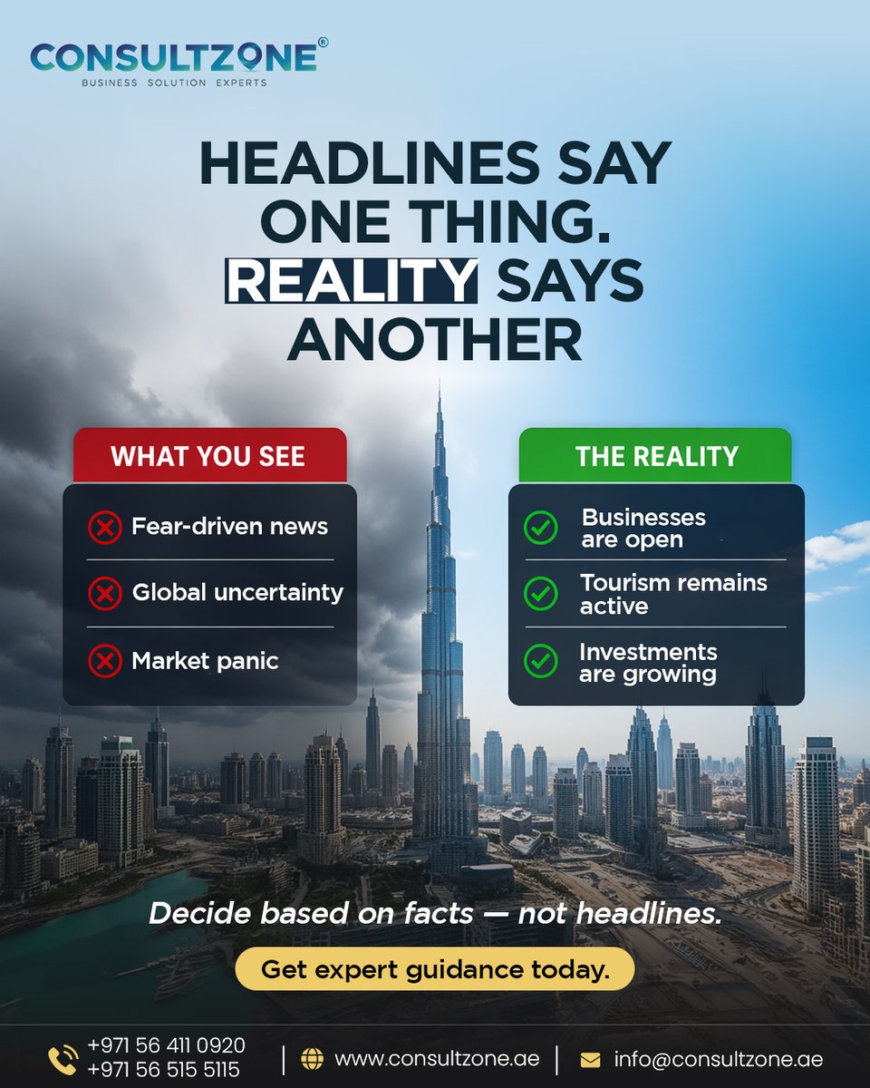 ConsultZone_AE's tweet image. Headlines or reality what drives your decisions?

Perception ≠ truth.

✔️ Headlines show uncertainty
✔️ Reality shows growth
✔️ Data drives smart moves

While others pause, momentum builds.
The UAE keeps expanding.

#UAEBusiness #DubaiBusiness #BusinessStrategy