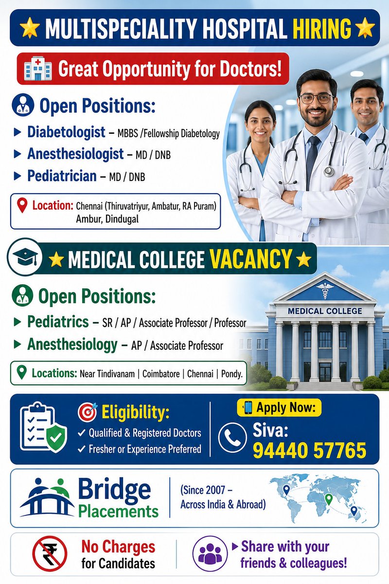 Bridgeplacement's tweet image. MULTISPECIALITY HOSPITAL &amp;amp; MEDICAL COLLEGE HIRING

#pediatrics #diabetologist #anesthesian #bridgeplacementsjobs #doctorjobs #hospitaljobs #medicaljobs