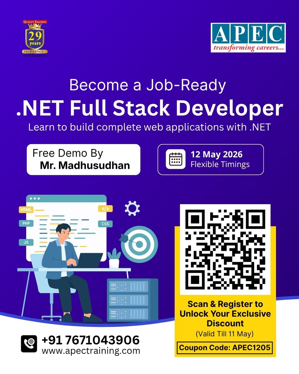 apecITtraining's tweet image. Step into the world of .NET Full Stack Development 🚀

Build practical web apps and upgrade your coding skills with expert guidance.

Register Now: forms.gle/9Ap3fBf9eam4YY…
📞 +91 7671043906
🌐 apectraining.com

#APEC #DotNet #FullStackDeveloper #SoftwareTraining #ITCourses
