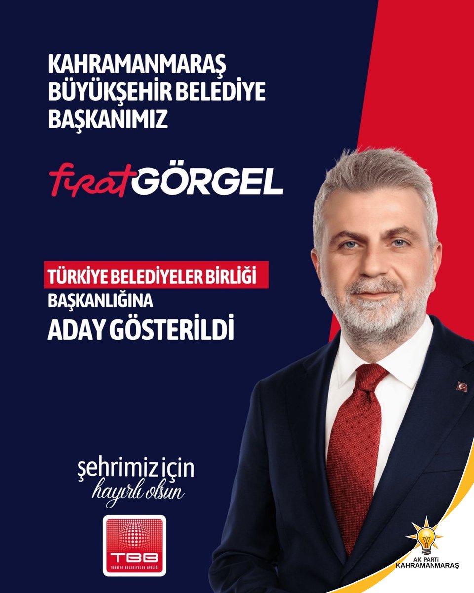 AkKahramanmaras's tweet photo. Kahramanmaraş Büyükşehir Belediye @buyuksehirkm Başkanımız Sn. Fırat Görgel’in @firatgorgel, Cumhur İttifakı’mız tarafından Türkiye Belediyeler Birliği Başkan Adayı olarak gösterilmesinden büyük bir gurur ve memnuniyet duyuyoruz. 

Şehrimize kazandırdığı vizyon, ortaya koyduğu güçlü yönetim anlayışı ve hizmet odaklı çalışmalarıyla her zaman örnek olan Sayın Başkanımızın; bilgi birikimi ve tecrübesiyle Türkiye Belediyeler Birliği’ne de önemli katkılar sunacağına yürekten inanıyor, başarılar diliyoruz. 

#AKParti
#TürkiyeYüzyılı
#Kahramanmaraş 🇹🇷