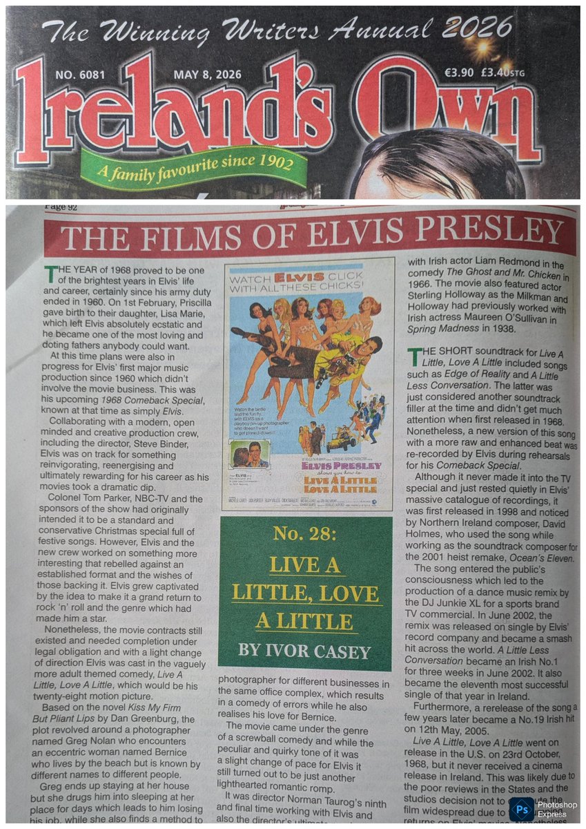 Elvis_Ireland's tweet photo. Ivor Casey's series on Elvis' movies continues with his 28th film "Live A Little, Love A Little" (1968) in The Writer's Annual 2026 of "Ireland's Own".
_
#Elvis #ElvisandIreland @irelandsown1902 https://t.co/q2Woaaif06
