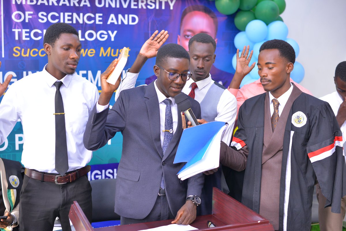 MbararaUST's tweet photo. Rt. Hon. Elvis Ayebare presided over the official swearing-in of Hon. Agaba Stewart, who took the oath for a historic second term as Sports Union Chairperson,the first leader at @MbararaUST  to serve consecutive terms. 

Alongside him, the entire Sports Union Executive was sworn in, officially commencing their 2026/27 mandate. 

This team is now charged with building upon a legacy of 85% goal achievement and fostering a culture of excellence across all faculties.