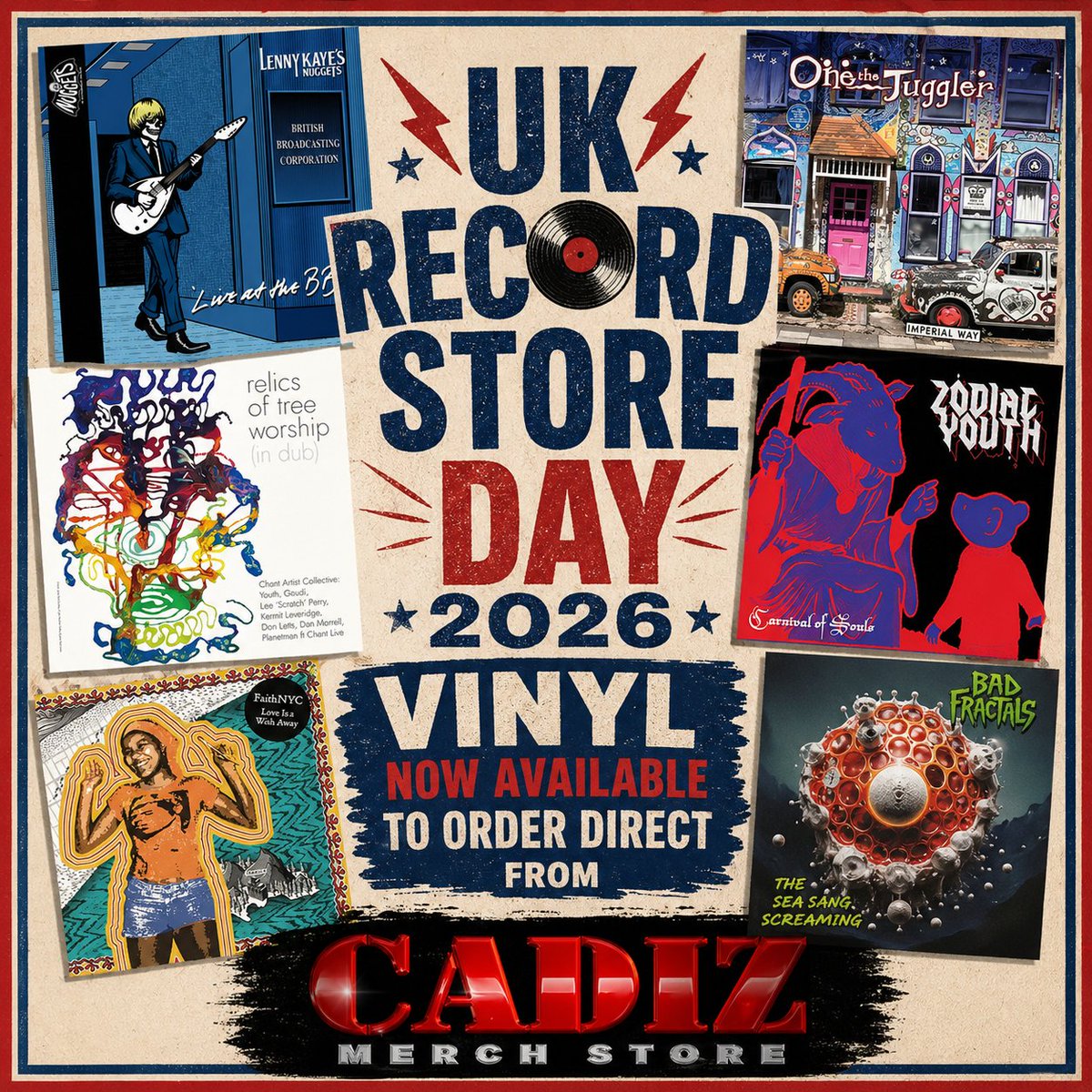 Cadiz_Music's tweet image. Our UK Record Store Day 2026 vinyl releases are available to order direct from Cadiz Merch Store and will be shipping from 1st May.
Order at 
cadizmerchstore.com/collections/re…
#Vinyl @youthmartin @faithnyc @1theJuggler @badfractals #ZodiacMindwarp #LennyKaye