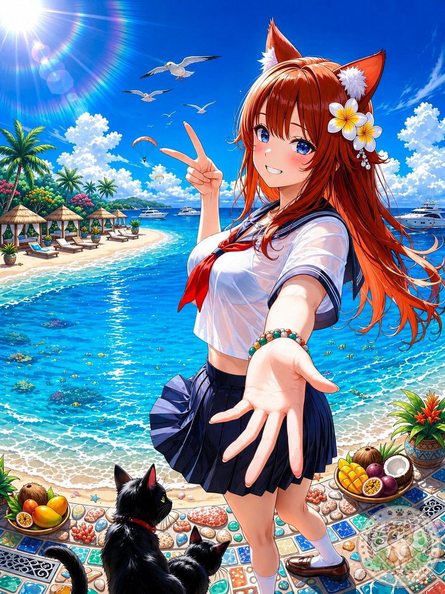 Anime Fox Girl at Tropical Beach