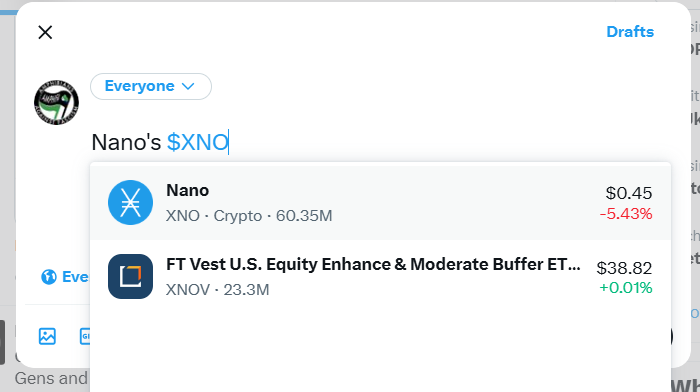 Nano's $XNO cashtag is now live on @Twitter/<a href="/X/">X</a>.