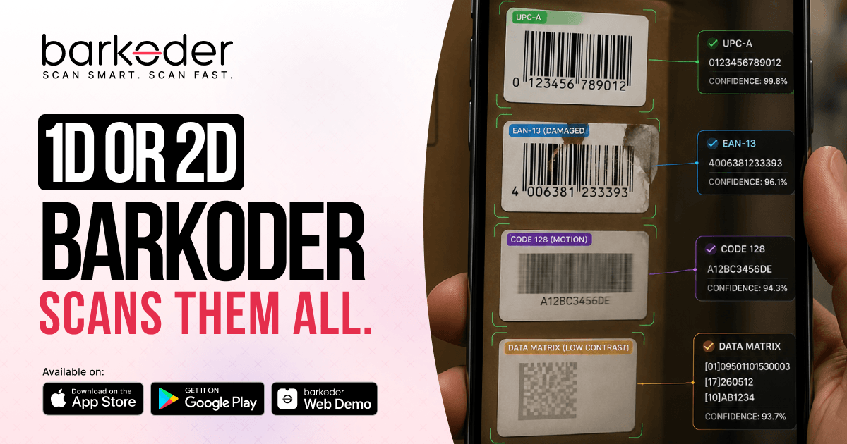 TheBarkoder's tweet image. barKoder SDK offers lightning-fast decoding for both 1D and 2D barcodes, even when they are damaged, blurry, or low-contrast.
Check out our supported types: barkoder.com/barcode-types
#BarcodeScanner #SDK #MobileDev #1D #2D #barKoder #TechInnovation