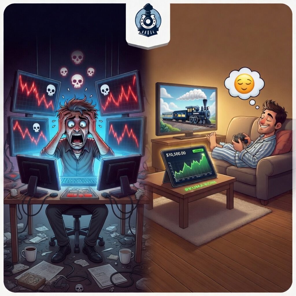 LuckyTrainApp's tweet photo. Your neighbor’s in the market all day — yelling at charts and nervously refreshing his wallet 😤  

You just bought a Lucky Train ticket, put on a show, and forgot about it 😌  

A while later:  
He’s stuck in a drawdown…  
You’re chilling with steady profit 🔥 https://t.co/FAcVlb60zK