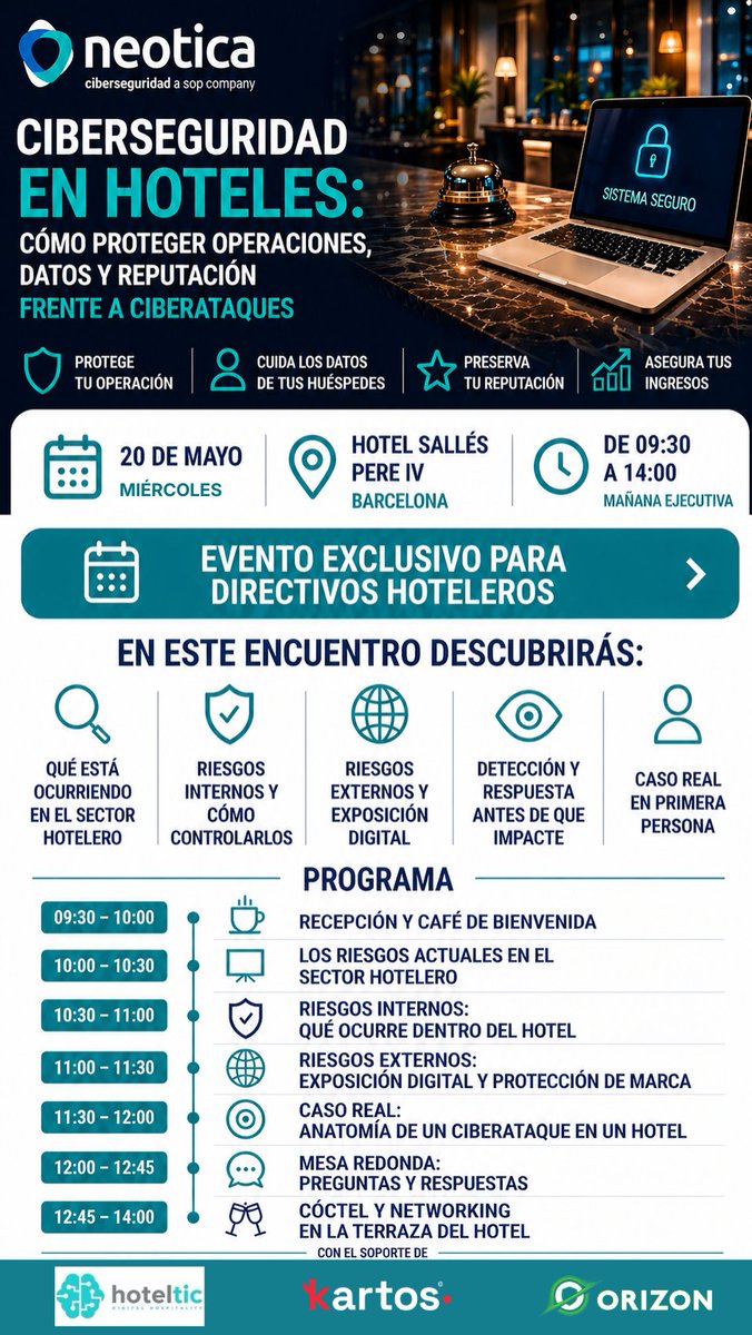 neoticasolution's tweet photo. #Jornada de #Ciberseguridad para #Hoteles en #Barcelona (20 mayo)

Los ciberataques ya impactan en operativa y reputación.

SIEM + SOC | CTI | EASM | respuesta en tiempo real.

Plazas limitadas.
https://t.co/SDCdgL9Hv1 https://t.co/fWt7bF8Jhu