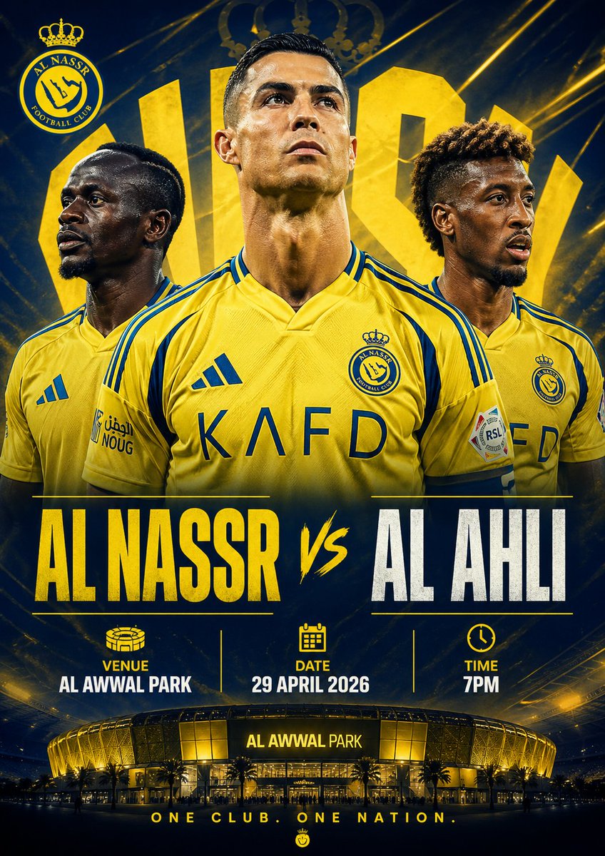 FabrizioR0naldo's tweet image. 🚨  BIG DAY       BIG CLASH 🔥
       Al Nassr  🆚   Al Ahli

Tonight we fight.
For the title.
For the badge.
For everything. 💛

Come on Al Nassr 🔥