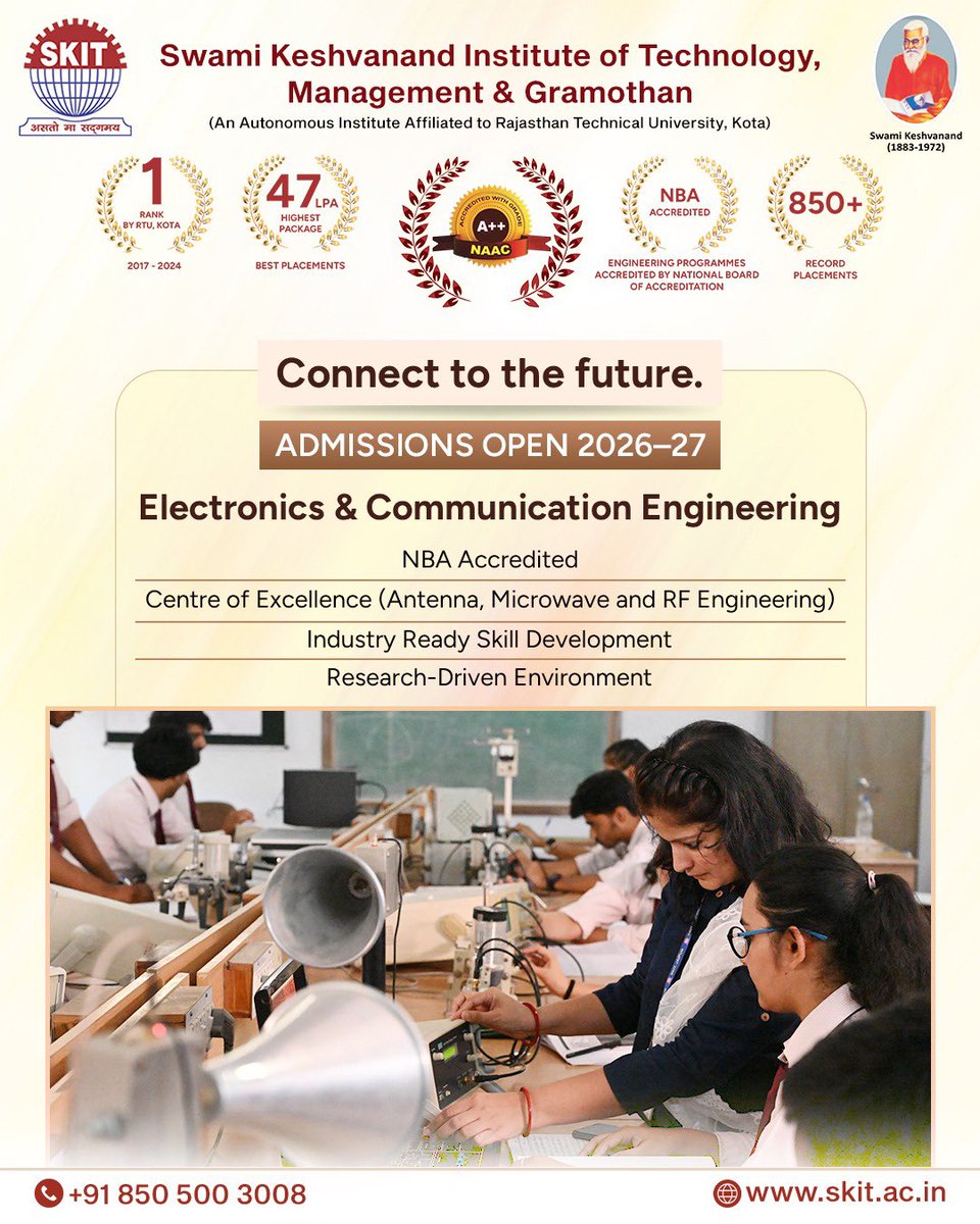 SKIT_Jaipur's tweet image. Admissions Open for B.Tech in Electronics &amp;amp; Communication Engineering at SKIT Jaipur — shape your future in innovation and connectivity!

#AdmissionsOpen #BTech #ECE #Engineering #SKITJaipur #TechCareers #FutureEngineers