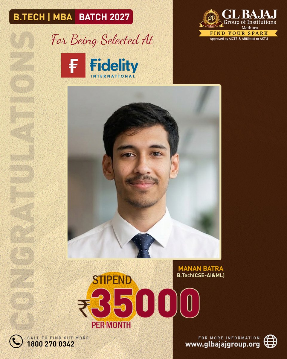 officialglbajaj's tweet image. Manan Batra from B.Tech (CSE – AI &amp;amp; ML), Batch 2027 selected at Fidelity International!

💼 Stipend: ₹35,000 per month

#GLBajaj #GLBajajMathura #StudentSuccess #PlacementHighlights #AIandML #FutureReady #ProudMoment #CampusPlacements #SuccessStory