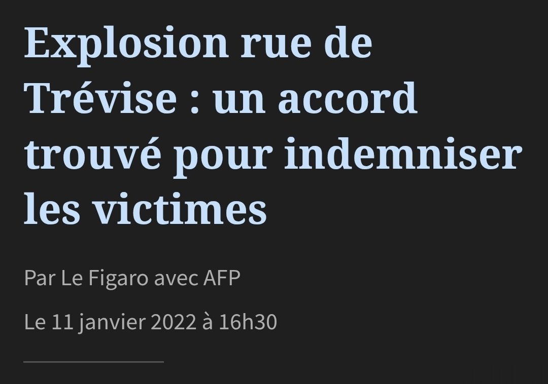 12 janvier 2019/
29 avril 2926.
un accord trouvé pour ne pas indemniser les victimes👿
#ruedetrevise
<a href="/VeroniqueZedde/">Zedde Véronique</a>
