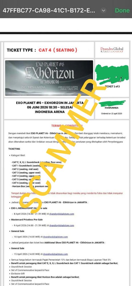 Hunrest09's tweet photo. ⚠️KETEMUU SCAMMER TIKET EXO⚠️

Tiktok : shaaaaaaaaaaa311
A.n Khairunnisa
No WA 082364276234 

Dia suka ganti ganti nomer yaa hati hati😡

Wts wtb ticket exo
#EXO #EXOinJKT #ExhorizoninJakarta https://t.co/7YJ9ubYe1F