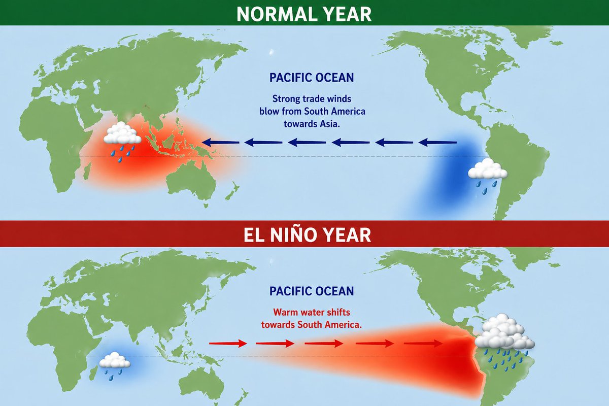 🔥 EL NIÑO EXPLAINED: Why India is Heating Up &amp; Monsoon Risk is Rising 🌍

India’s heatwave and weak monsoon fears?
Not politics. Not policy. It’s El Niño.

Here’s what’s really happening 👇

🌊 Normal Year
Strong winds push warm Pacific water toward Asia → more clouds → strong
