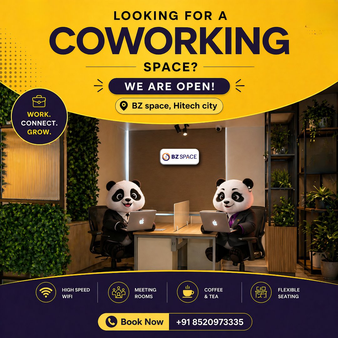 bzspace0099's tweet image. Looking for a coworking space in Hitech City? 🐼
BZ Space has you covered!

💼 Fast WiFi | Meeting Rooms | Coffee ☕ | Flexible Seating
📞 +91 8520973335

#Coworking #HitechCity #WorkSmart #StartupIndia #Freelancers #OfficeSpace #BZSpace