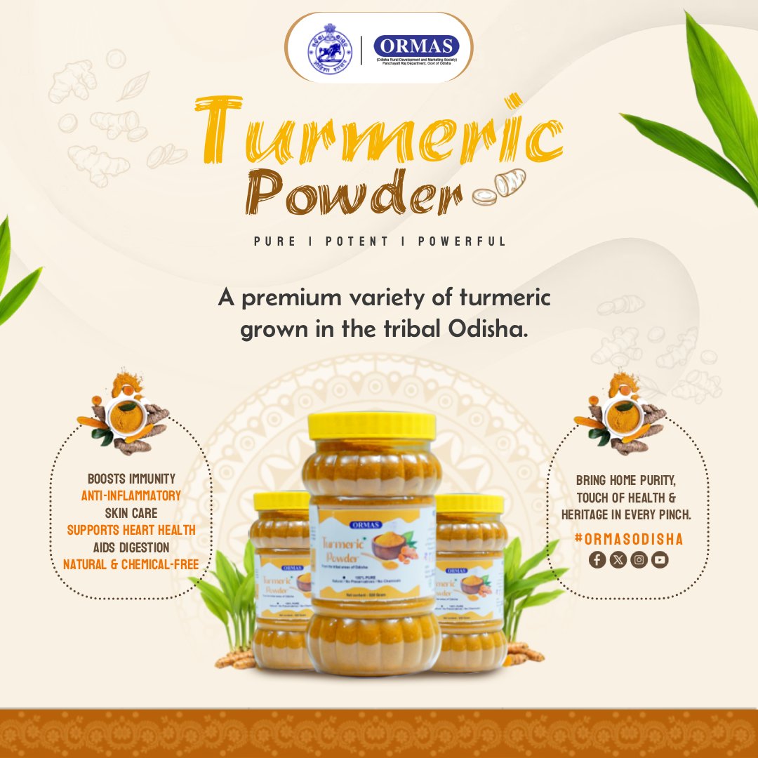 ormas_odisha's tweet image. 🟡 Introducing #ORMAS Turmeric Powder 🌿
ORMAS Turmeric Powder brings you the perfect blend of purity and potency, known for its rich color, strong aroma &amp;amp; high curcumin content. 
@PRDeptOdisha 
 
#Turmeric #turmericpowder #vocalforlocal #pureandnatural