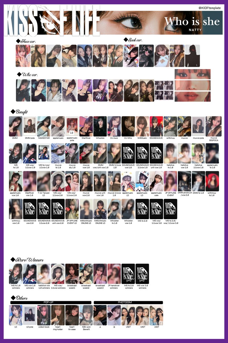 KIOFtemplate's tweet image. KISS OF LIFE [Who is she] 
&amp;gt;MEMBER PHOTOCARD

KISSOFLIFE キオプ templates pc 키스오브라이프 키오프 포카 JULIE NATTY BELLE HANEUL トレカ 一覧 KIOF photo card
#KISSOFLIFE #키스오브라이프
#KIOFtemplate #Who_is_she