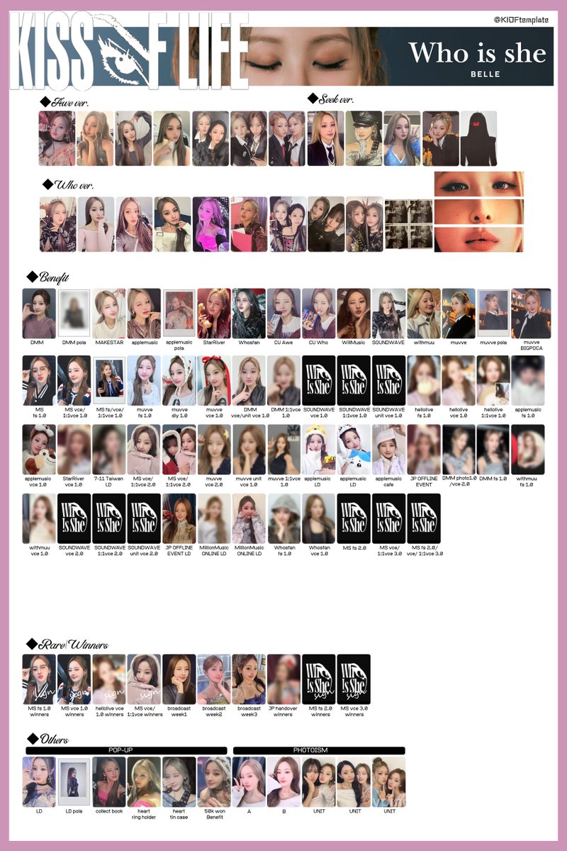 KIOFtemplate's tweet image. KISS OF LIFE [Who is she] 
&amp;gt;MEMBER PHOTOCARD

KISSOFLIFE キオプ templates pc 키스오브라이프 키오프 포카 JULIE NATTY BELLE HANEUL トレカ 一覧 KIOF photo card
#KISSOFLIFE #키스오브라이프
#KIOFtemplate #Who_is_she