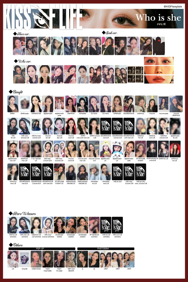 KIOFtemplate's tweet image. KISS OF LIFE [Who is she] 
&amp;gt;MEMBER PHOTOCARD

KISSOFLIFE キオプ templates pc 키스오브라이프 키오프 포카 JULIE NATTY BELLE HANEUL トレカ 一覧 KIOF photo card
#KISSOFLIFE #키스오브라이프
#KIOFtemplate #Who_is_she