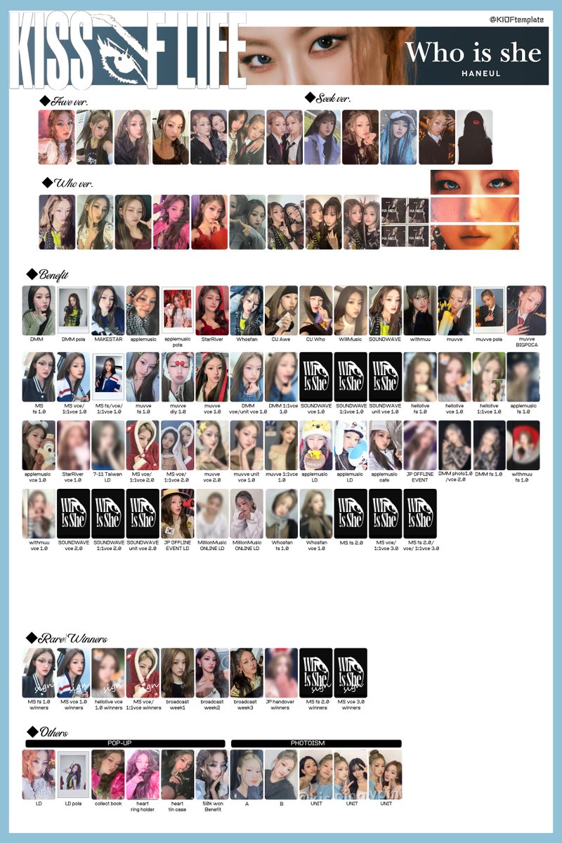 KIOFtemplate's tweet image. KISS OF LIFE [Who is she] 
&amp;gt;MEMBER PHOTOCARD

KISSOFLIFE キオプ templates pc 키스오브라이프 키오프 포카 JULIE NATTY BELLE HANEUL トレカ 一覧 KIOF photo card
#KISSOFLIFE #키스오브라이프
#KIOFtemplate #Who_is_she
